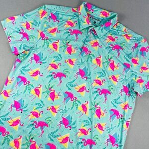 Chubbies Mens XXL Flamingo Tropical Performance Golf Polo Shirt Turquoise Pink